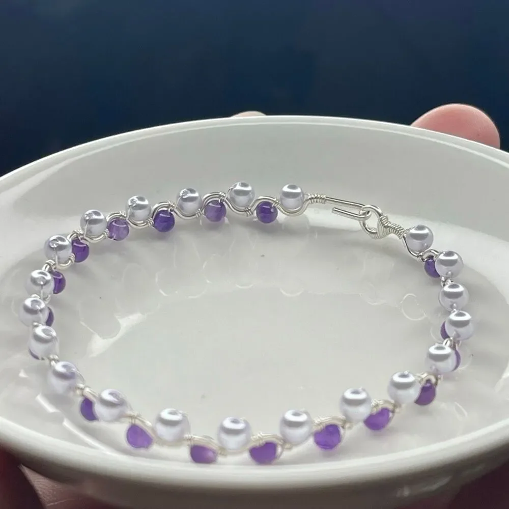 Rebekah bangle bracelet 8” silver copper core lavender purple shell beads pearls